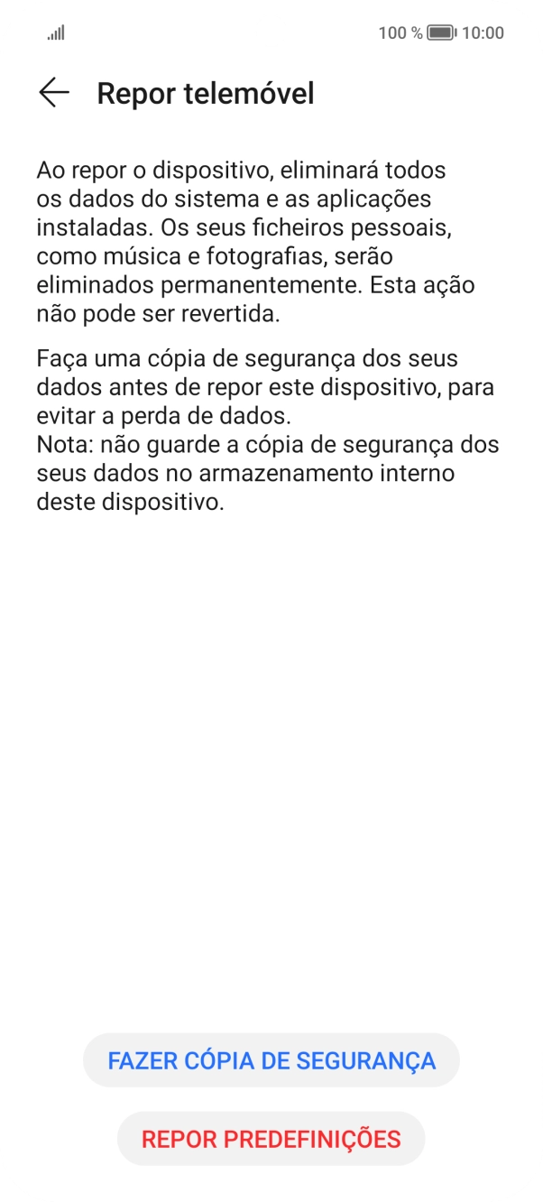 Prima REPOR PREDEFINIÇÕES. Aguarde um momento enquanto o telefone restabelece as definições originais. Siga as indicações no ecrã para configurar o telefone de modo que este fique pronto a ser utilizado.