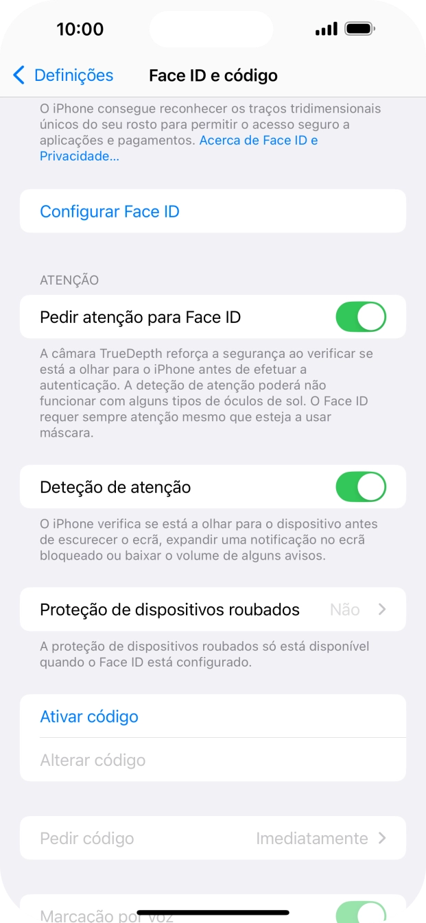 Prima Ativar código e introduza um código de bloqueio do telefone à escolha duas vezes de seguida.