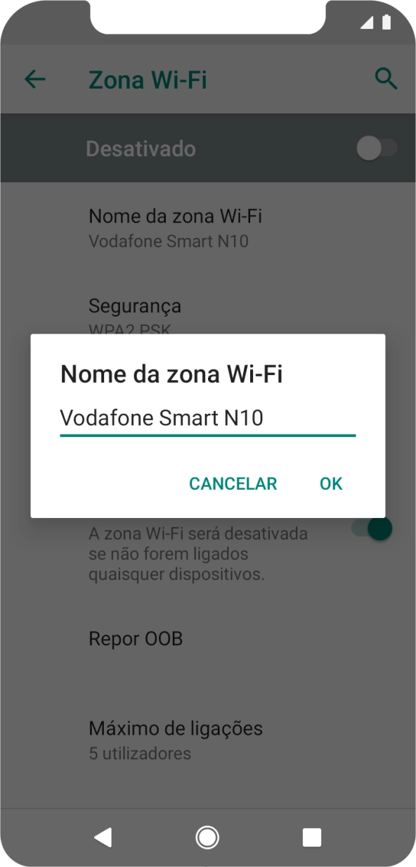 Introduza o nome pretendido do hotspot Wi-Fi e prima OK.