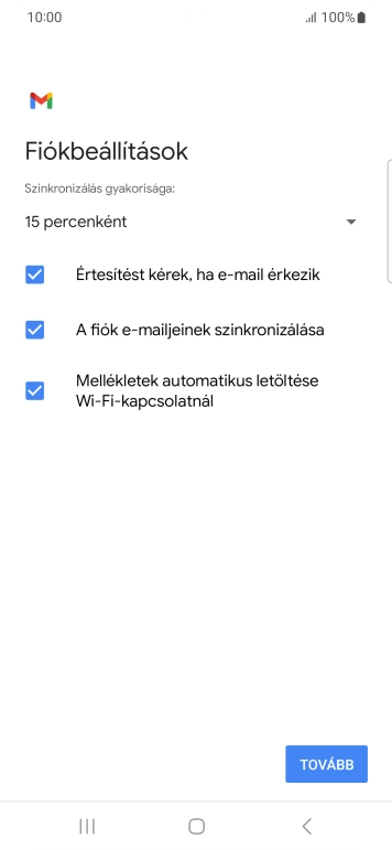 Amennyiben a kijelzőn ez a képernyőkép látható, az e-mail-fiókodat felismerte a rendszer, és automatikusan beállította. Kövesd a képernyőn megjelenő utasításokat  további adatok csatolásához, és fejezd be az új fiók létrehozását.