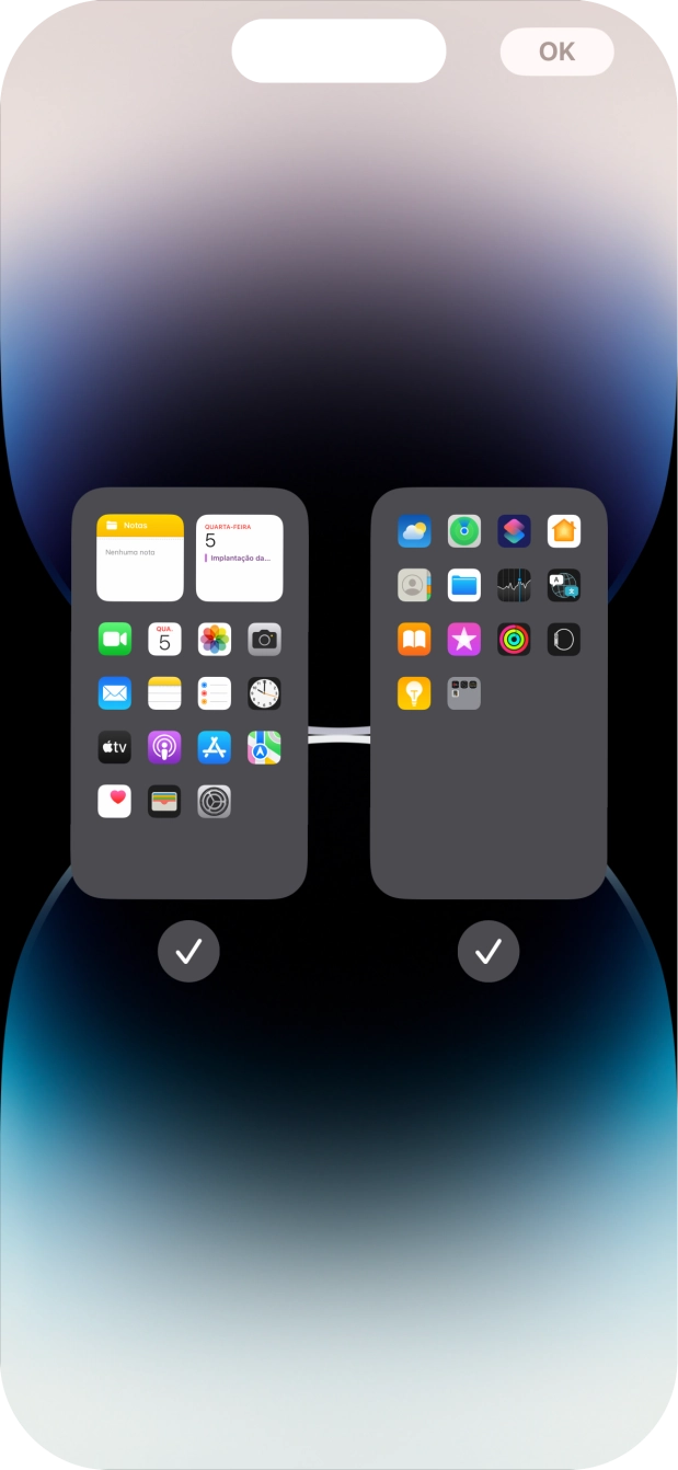 Prima os campos sob as páginas do ecrã inicial pretendidas, para ativar ou desativar a exibição de páginas.