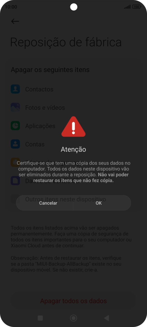 Prima OK. Aguarde um momento enquanto o telefone restabelece as definições originais. Siga as indicações no ecrã para configurar o telefone de modo que este fique pronto a ser utilizado.