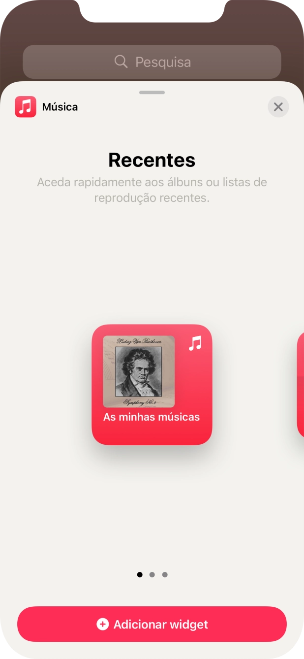 Para escolher a dimensão pretendida para o widget, deslize o dedo para a direita ou para a esquerda sobre o ecrã.