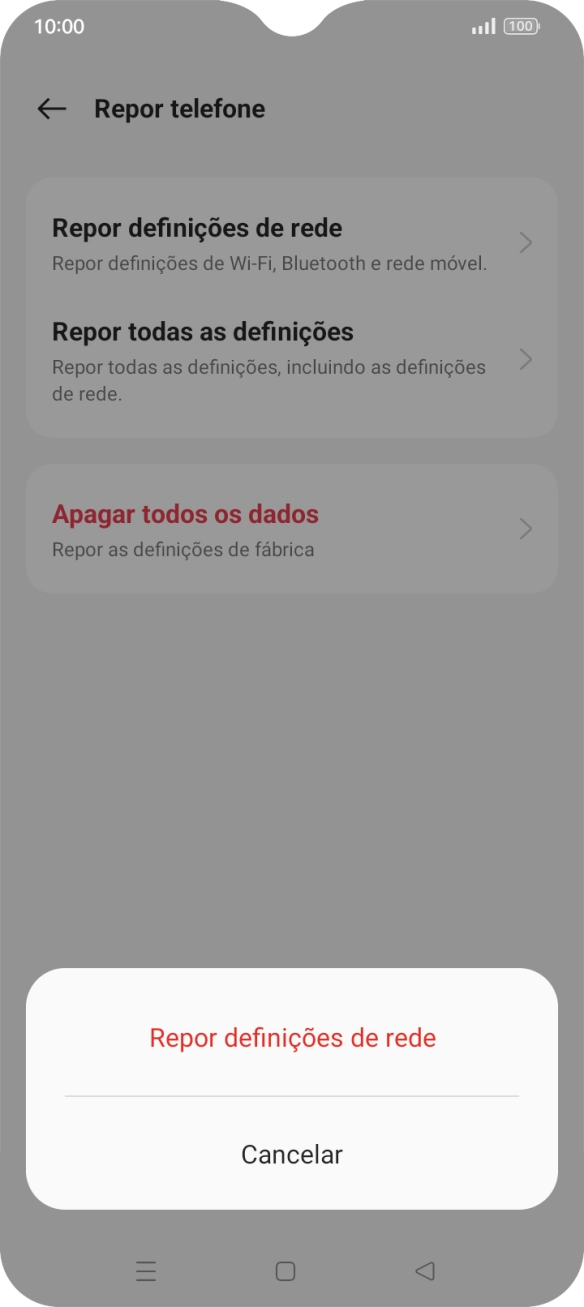 Prima Repor definições de rede.