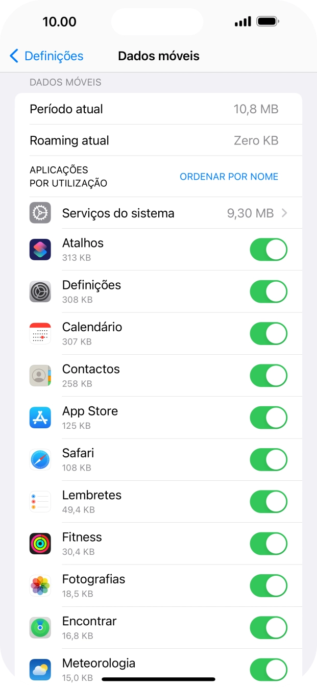 Prima o indicador junto das aplicações pretendidas para ativar ou desativar a função.