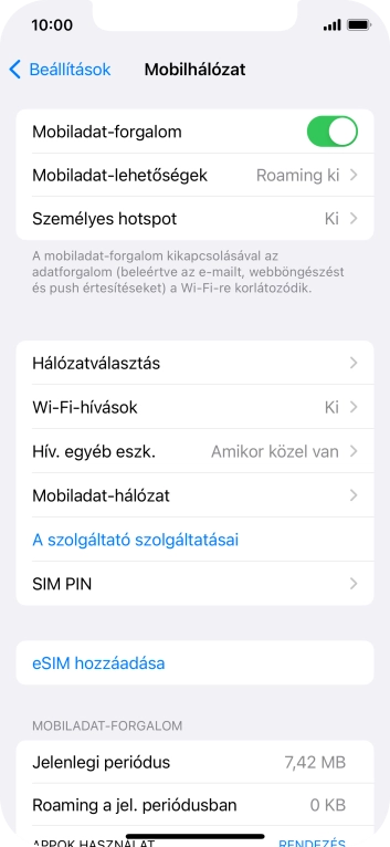 Kattints a „Mobiladat-forgalom” melletti csúszkára a funkció be- vagy kikapcsolásához.