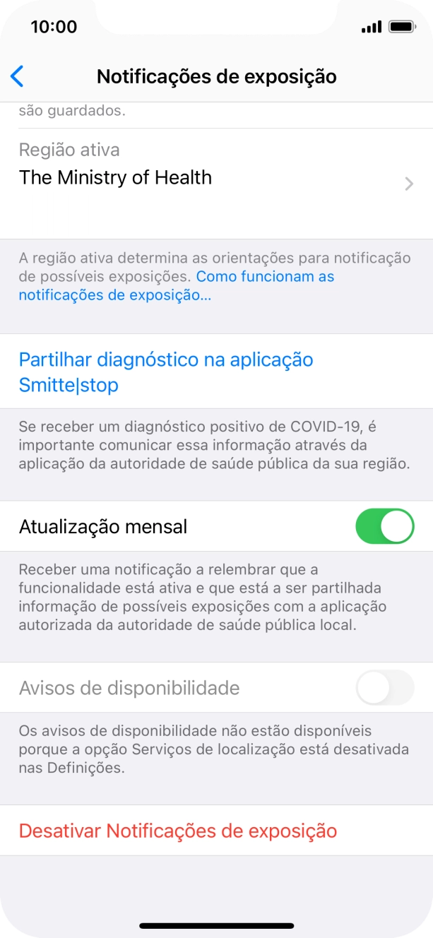 Prima Desactivar Notificações de exposição.