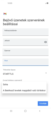Válaszd a Soha lehetőséget ahhoz, hogy az e-mailek megtalálhatóak legyenek a szerveren, miután a telefonról törölted őket.