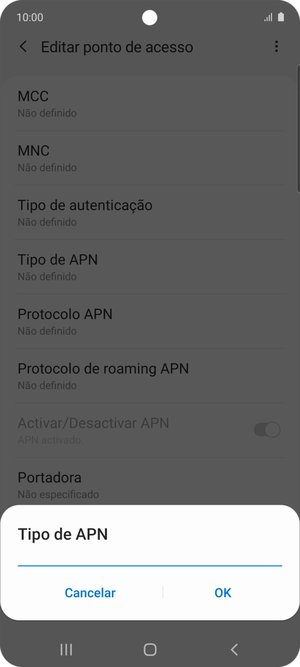 Introduza default e prima OK.