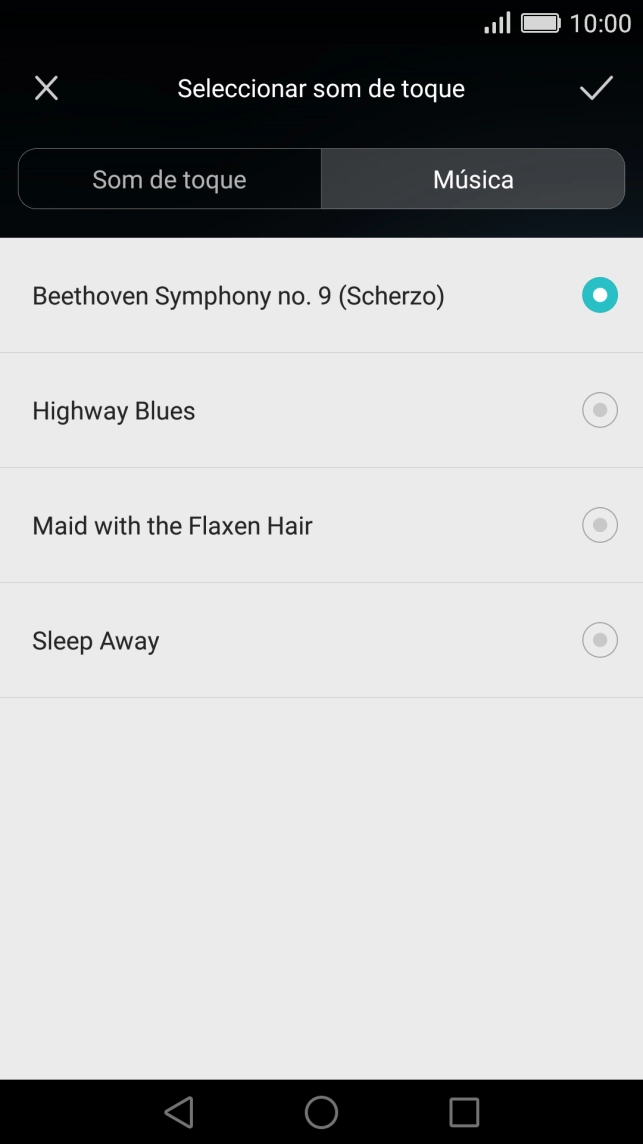 Quando tiver encontrado o tom de toque que pretende, prima o ícone para aceitar.