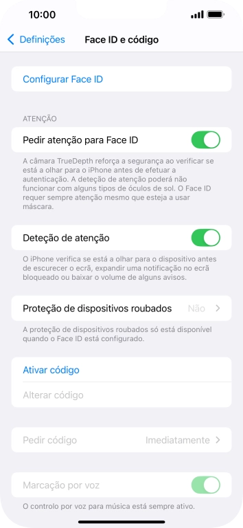 Prima Ativar código e introduza um código de bloqueio do telefone à escolha duas vezes de seguida.