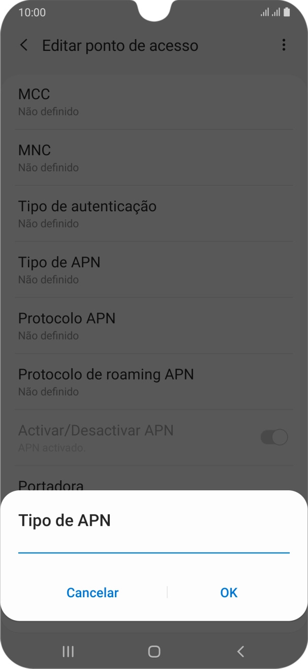 Introduza default e prima OK.