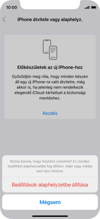 Válaszd a Beállítások alaphelyzetbe állítása lehetőséget. Várj egy kicsit, amíg a telefon visszaállítja a gyári beállításokat. A telefon konfigurálásához és ahhoz, hogy üzemkész állapotba hozd, kövesd a képernyőn megjelenő utasításokat.