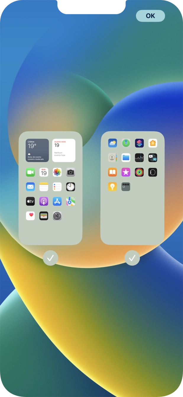 Prima os campos sob as páginas do ecrã inicial pretendidas, para ativar ou desativar a exibição de páginas.