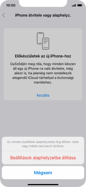 Válaszd a Beállítások alaphelyzetbe állítása lehetőséget. Várj egy kicsit, amíg a telefon visszaállítja a gyári beállításokat. A telefon konfigurálásához és ahhoz, hogy üzemkész állapotba hozd, kövesd a képernyőn megjelenő utasításokat.