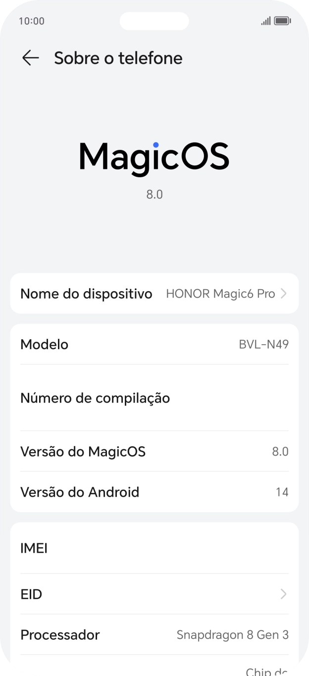 O código IMEI é mostrado no ecrã.
