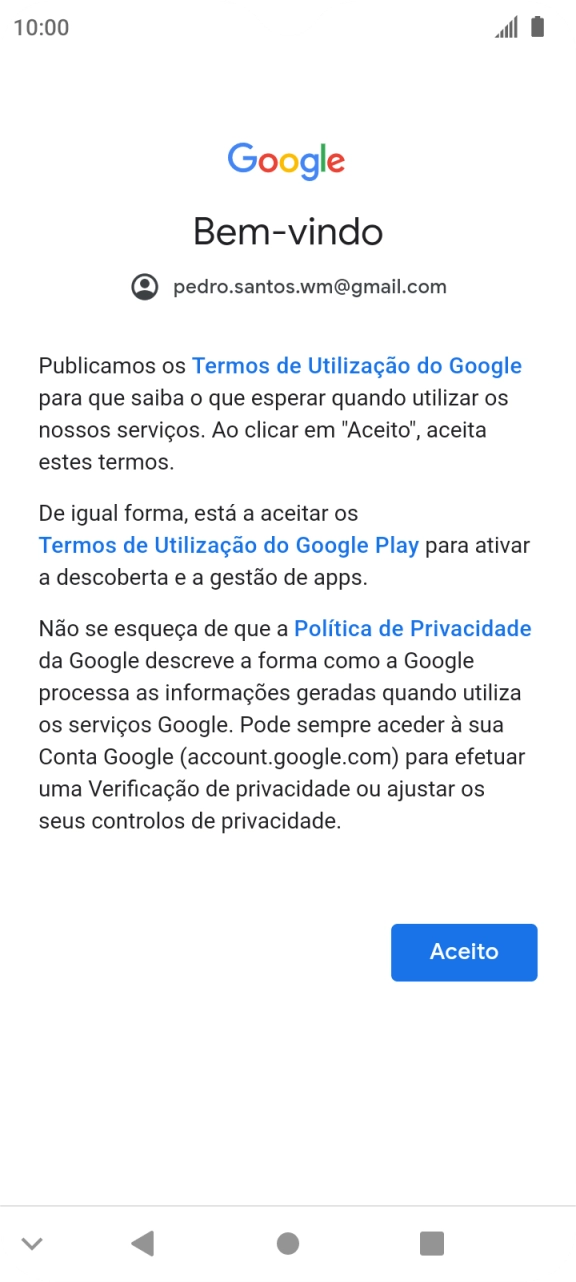 Prima Aceito e siga as indicações no ecrã para escolher as definições da conta Google.