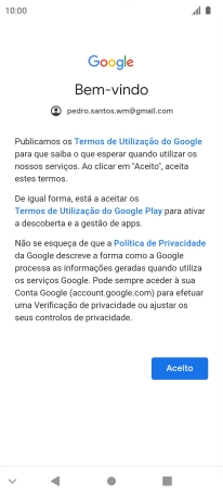 Prima Aceito e siga as indicações no ecrã para escolher as definições da conta Google.