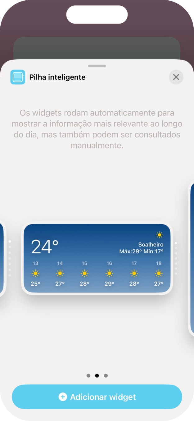 Para escolher a dimensão pretendida para o widget, deslize o dedo para a direita ou para a esquerda sobre o ecrã.