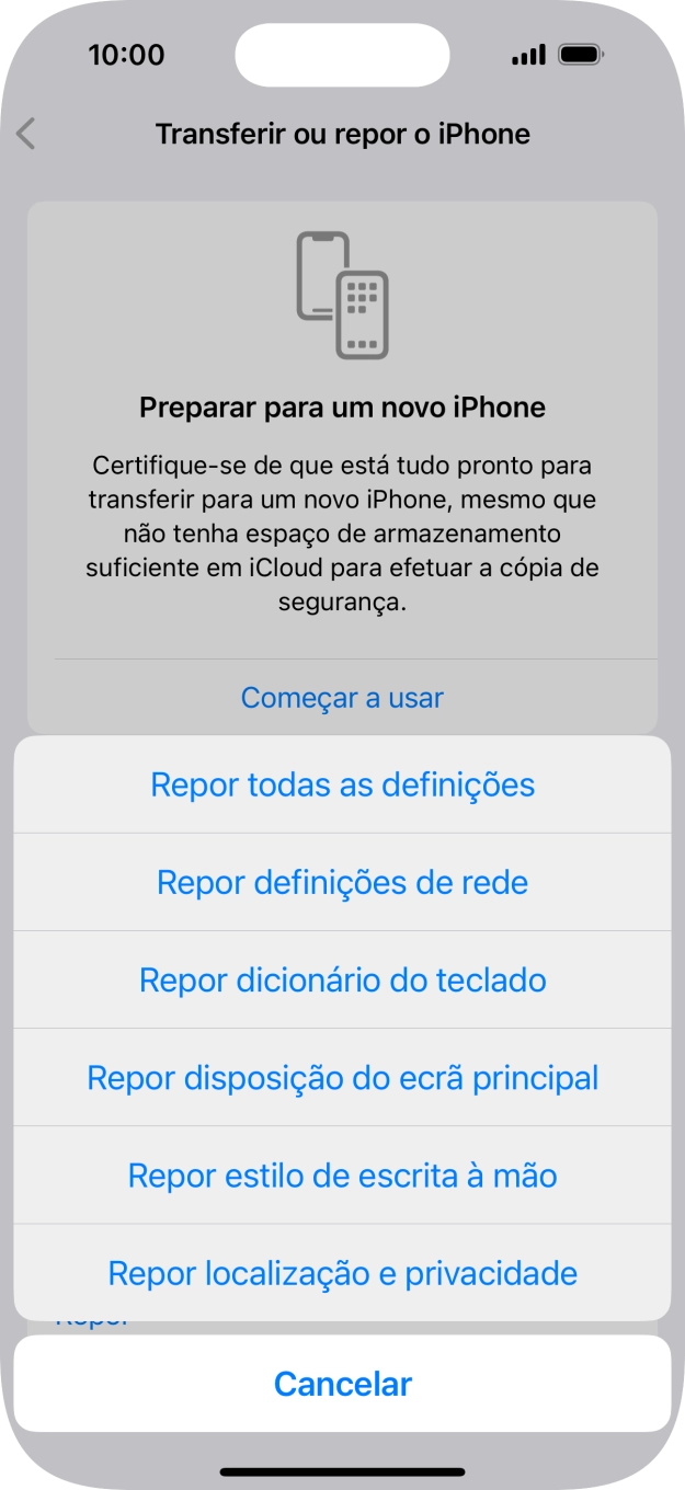 Prima Repor definições de rede.