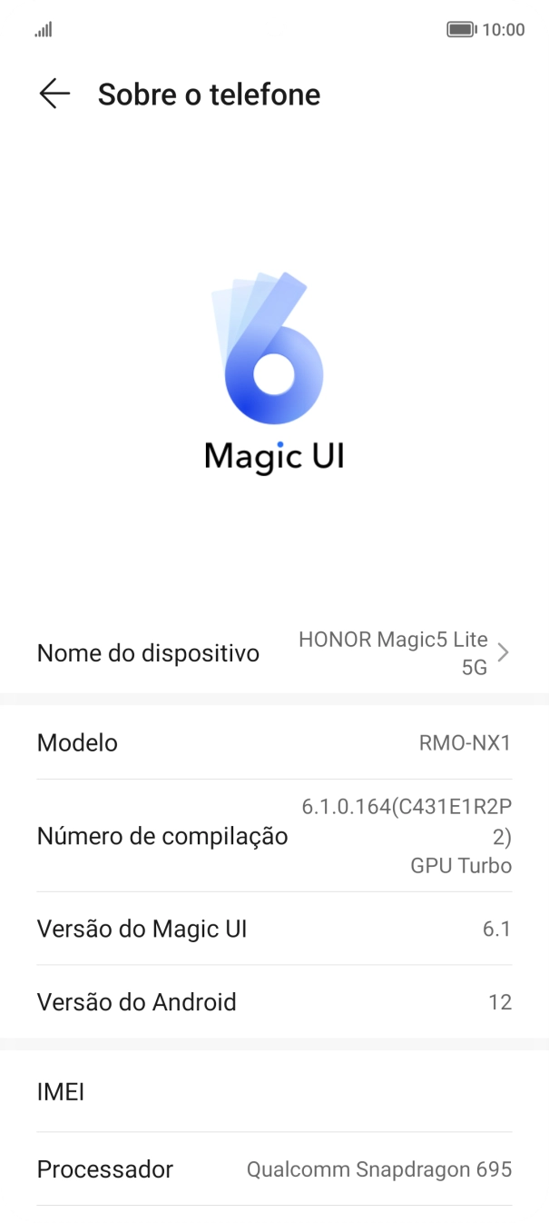 O código IMEI é mostrado no ecrã.