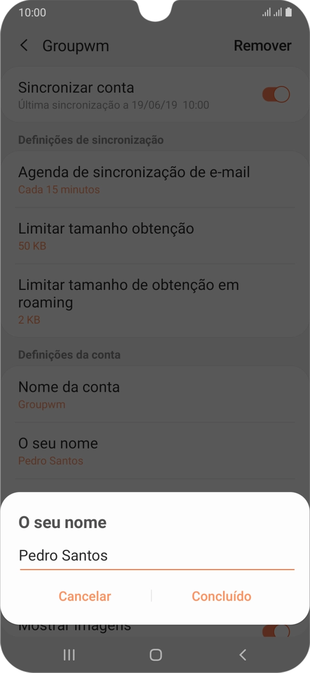 Introduza o nome de remetente e prima Concluído.