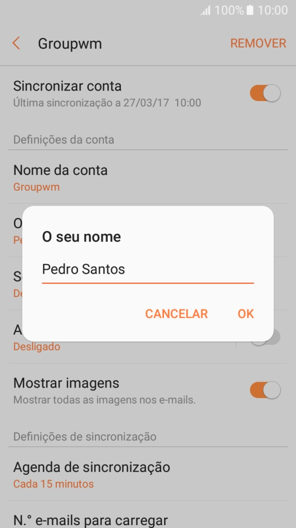 Introduza o nome de remetente e prima OK.