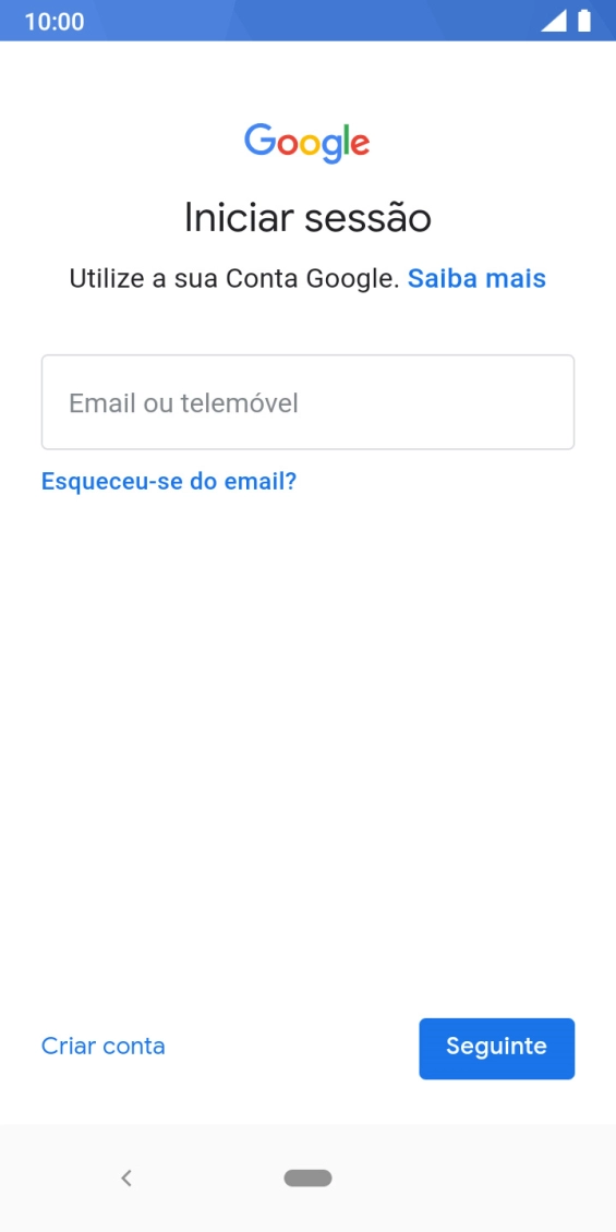 Se não tiver uma conta Google, prima Criar conta e siga as indicações no ecrã para criar uma conta.