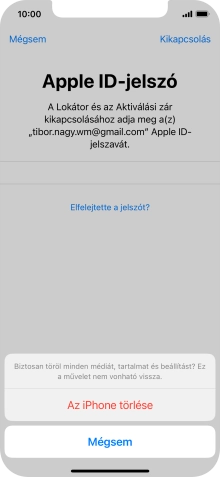 Írd be az Apple ID-hoz tartózó jelszót, és válaszd Az iPhone törlése lehetőséget. Várj egy kicsit, amíg a telefon visszaállítja a gyári beállításokat. A telefon konfigurálásához és ahhoz, hogy üzemkész állapotba hozd, kövesd a képernyőn megjelenő utasításokat.