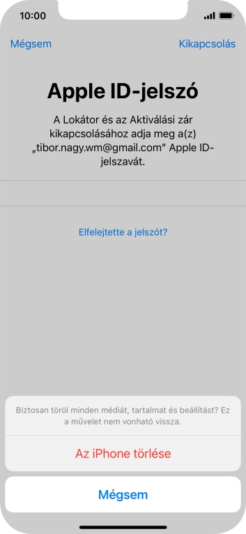 Írd be az Apple ID-hoz tartózó jelszót, és válaszd Az iPhone törlése lehetőséget. Várj egy kicsit, amíg a telefon visszaállítja a gyári beállításokat. A telefon konfigurálásához és ahhoz, hogy üzemkész állapotba hozd, kövesd a képernyőn megjelenő utasításokat.