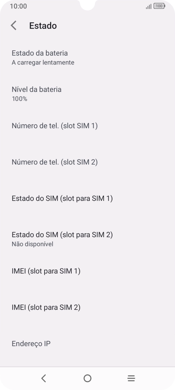 O código IMEI é mostrado no ecrã.