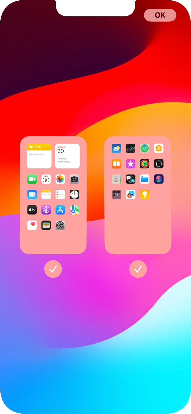 Prima os campos sob as páginas do ecrã inicial pretendidas, para ativar ou desativar a exibição de páginas.