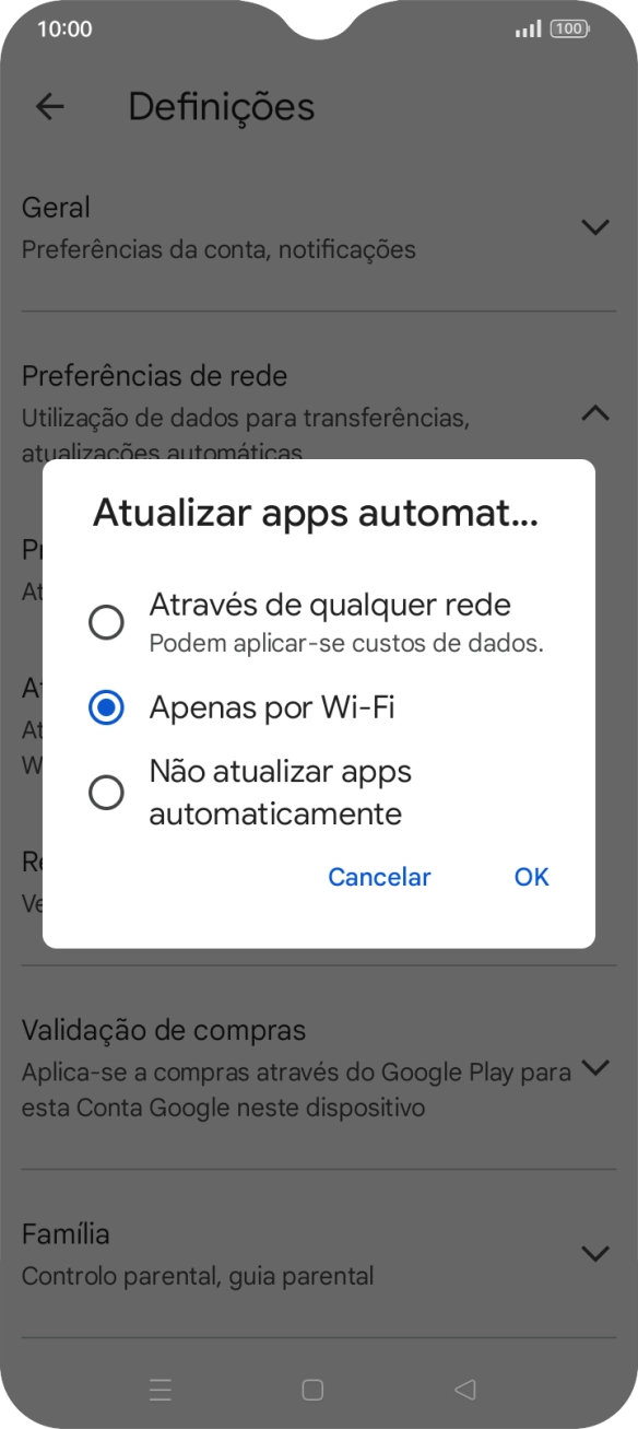 Para ativar a atualização automática de apps via redes móveis, prima Através de qualquer rede.