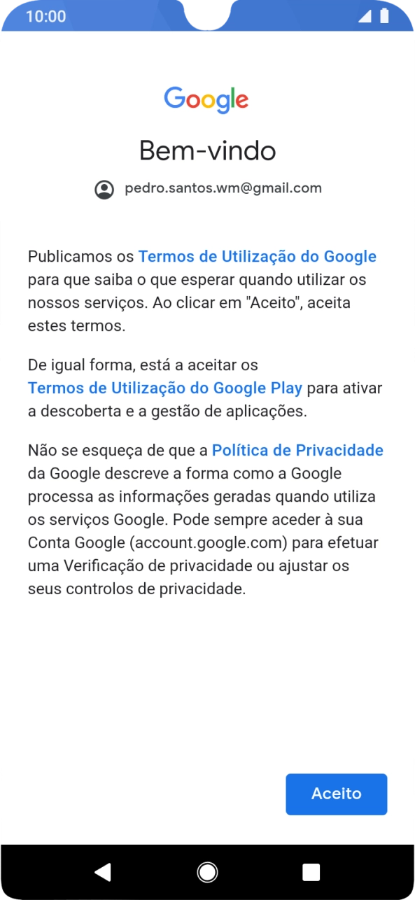 Prima Aceito e siga as indicações no ecrã para escolher as definições da conta Google.