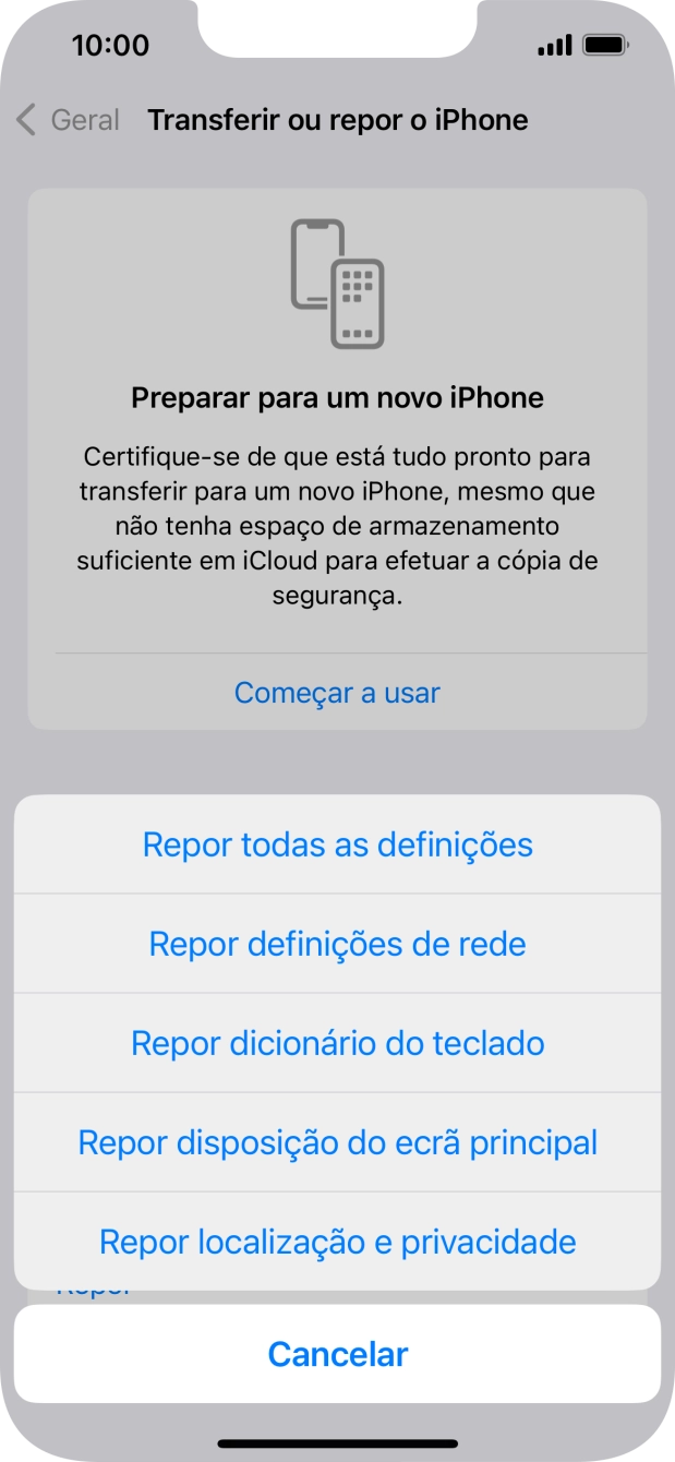 Prima Repor definições de rede.