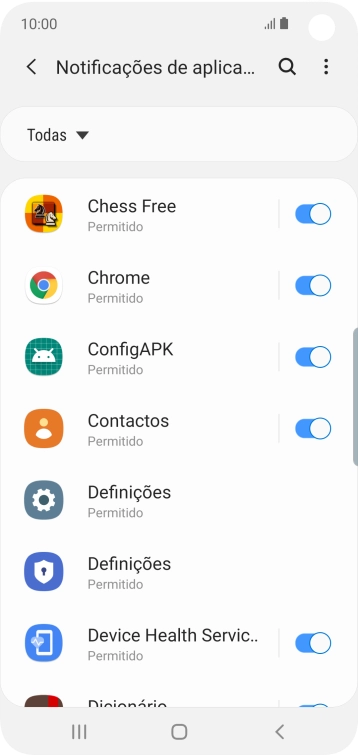 Prima o indicador junto à app pretendida para ativar ou desativar a função.