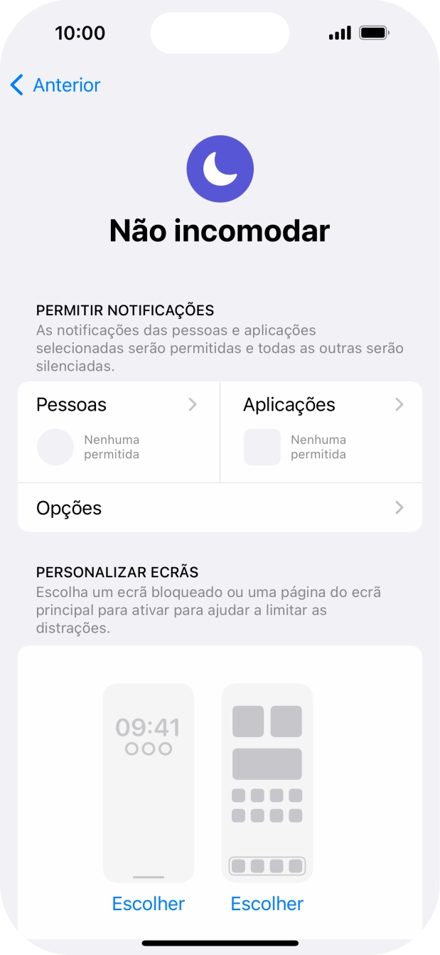 Prima Pessoas e siga as indicações no ecrã para escolher quais os contactos de que pretende receber chamadas e notificações, enquanto a função “Não incomodar” está ativada.
