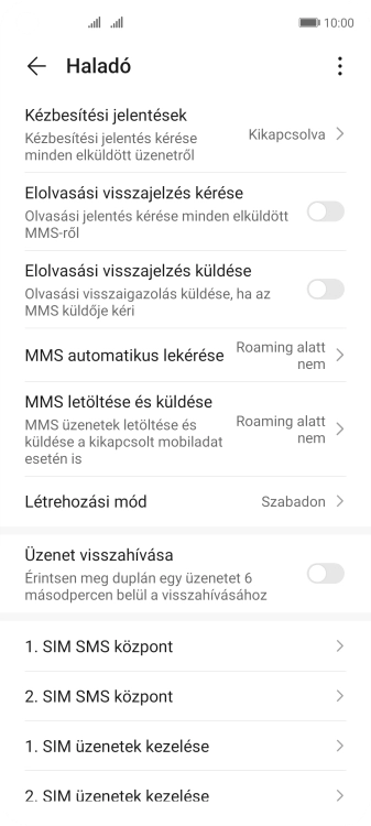 Válaszd a ‹SIM› SMS központ lehetőséget.
