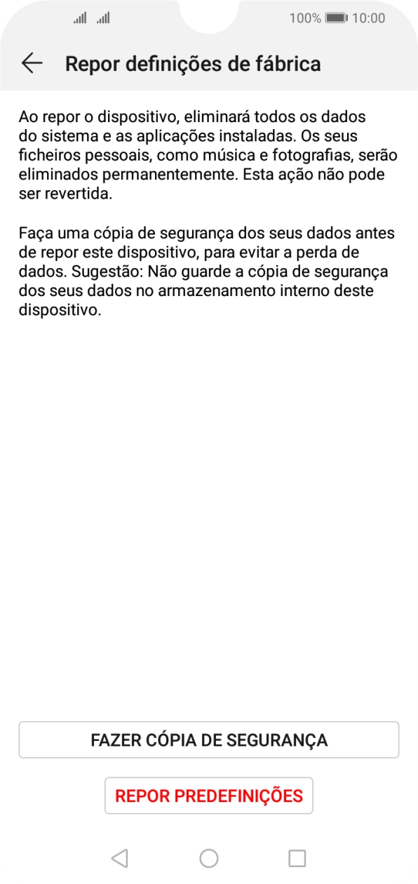 Prima REPOR PREDEFINIÇÕES. Aguarde um momento enquanto o telefone restabelece as definições originais. Siga as indicações no ecrã para configurar o telefone de modo que este fique pronto a ser utilizado.