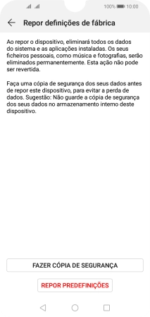 Prima REPOR PREDEFINIÇÕES. Aguarde um momento enquanto o telefone restabelece as definições originais. Siga as indicações no ecrã para configurar o telefone de modo que este fique pronto a ser utilizado.