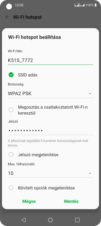 Kattints a „Wi-Fi Név” alatti mezőre, és írd be a Wi-Fi hotspot kívánt nevét.