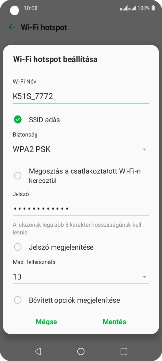 Kattints a „Wi-Fi Név” alatti mezőre, és írd be a Wi-Fi hotspot kívánt nevét.