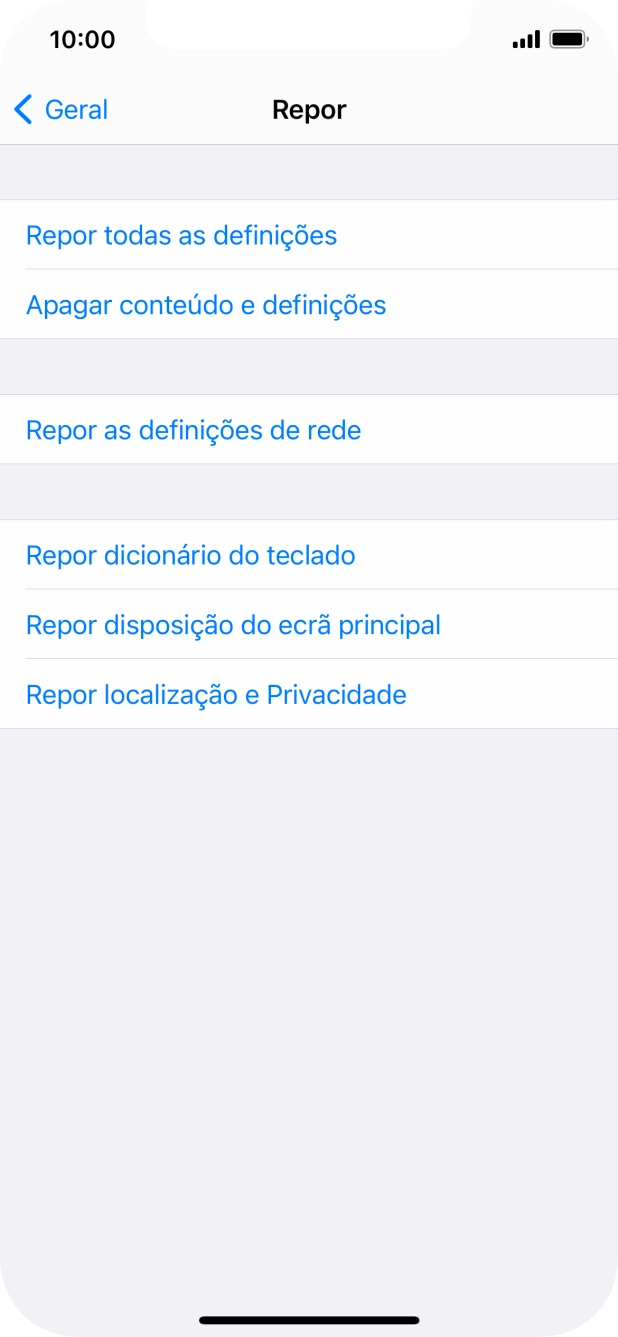 Prima Repor todas as definições.