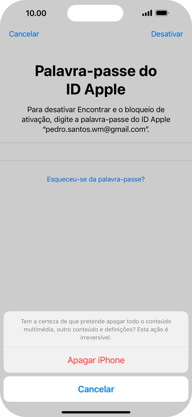Introduza a password do ID Apple e prima Apagar iPhone. Aguarde um momento enquanto o telefone restabelece as definições originais. Siga as indicações no ecrã para configurar o telefone de modo que este fique pronto a ser utilizado.