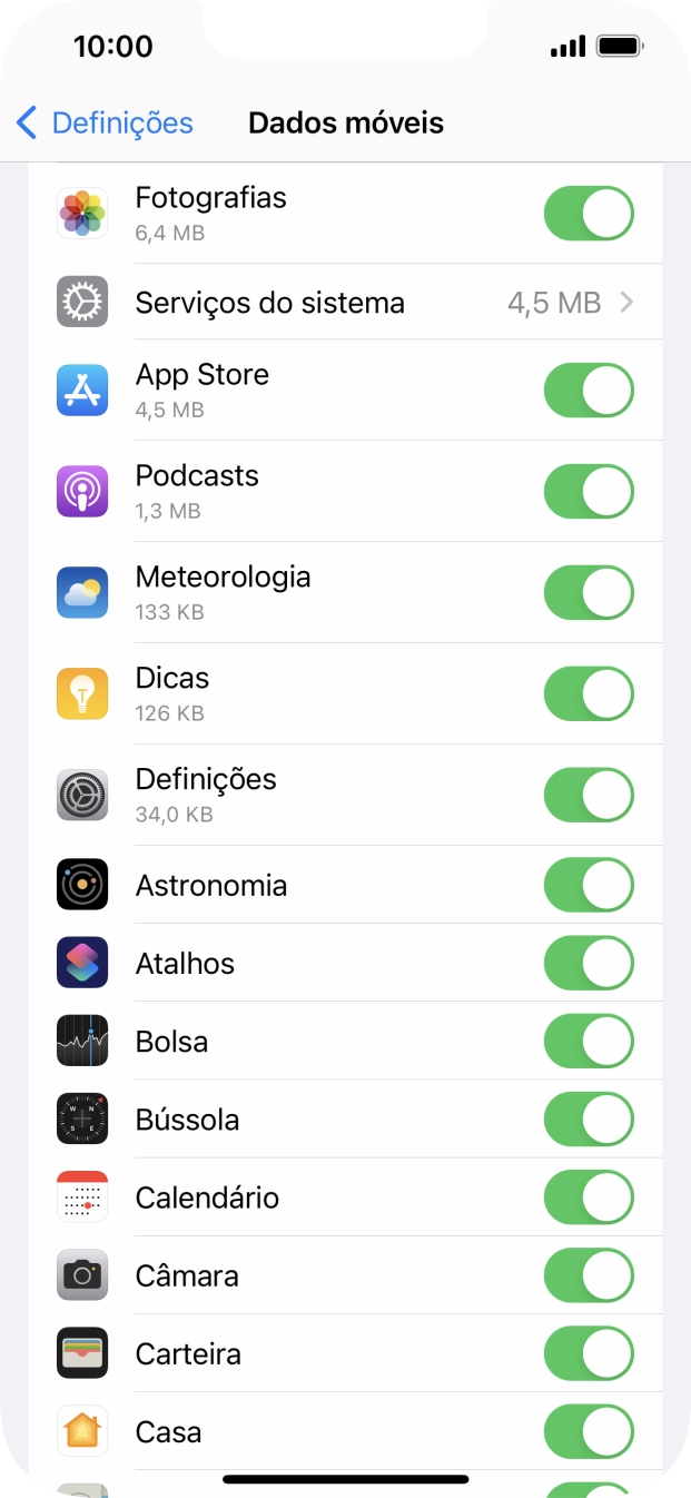 Prima o indicador junto das aplicações pretendidas para ativar ou desativar a função.