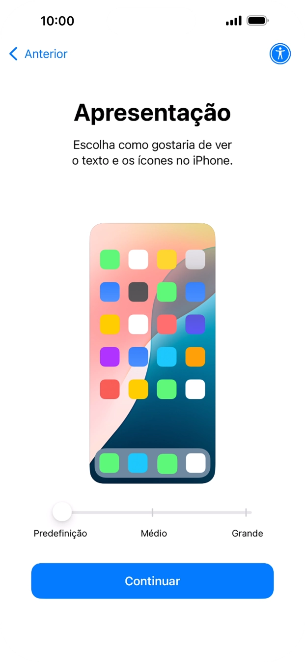 Escolha o tamanho pretendido para o texto e ícones no telefone e prima Continuar.