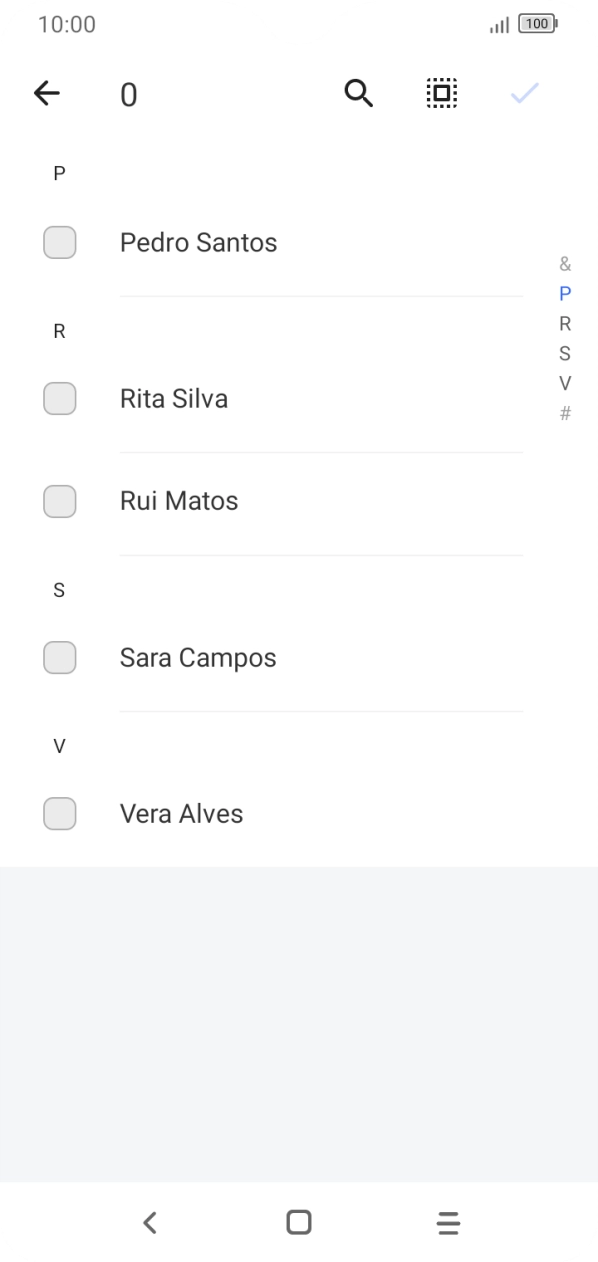 Prima o ícone para escolher todos os contactos.