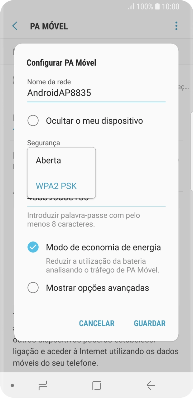 Prima WPA2 PSK para proteger o hotspot Wi-Fi com uma password.