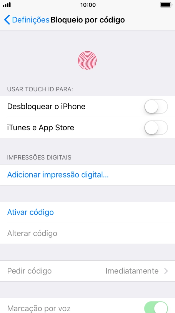 Prima Ativar código e introduza um código de bloqueio do telefone à escolha duas vezes de seguida.