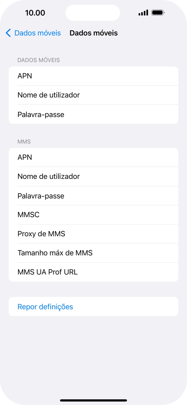 Prima APN e insira net2.vodafone.pt.